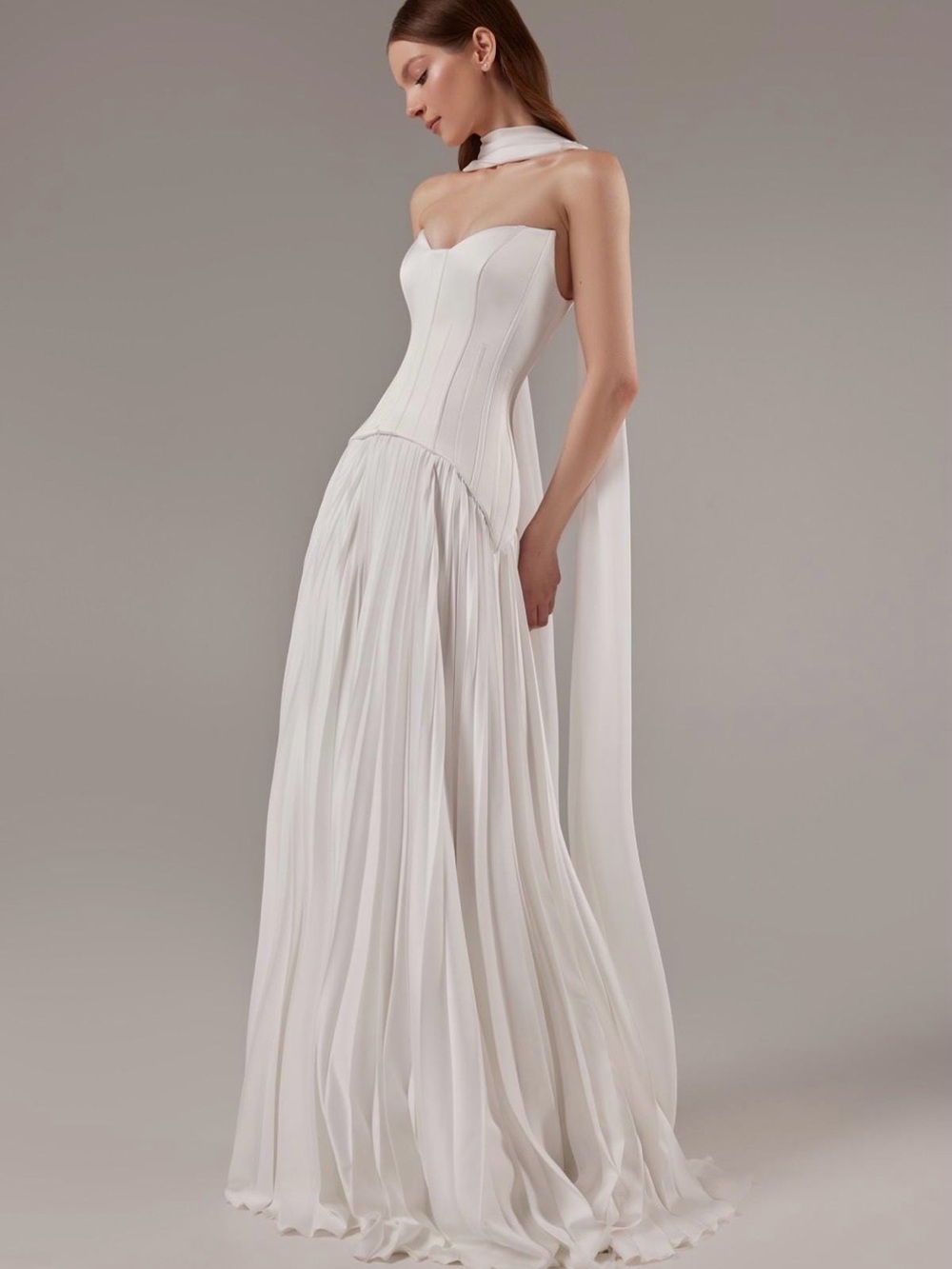 Ivory Satin Corset Wedding Dress Aphrodite Silk Pleated Skirt, Strapless Gown